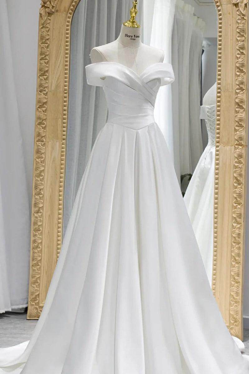 A-Line Sweep-Brush Train Satin Wedding Dress 657200409206 - COCOMELODY